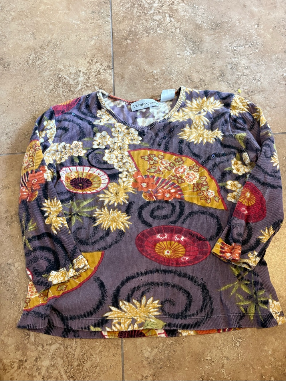 Y2K Sequin Purple Floral Fan Print Long Sleeve Top